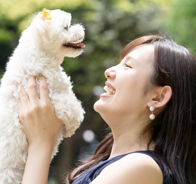 犬を抱き上げる女性